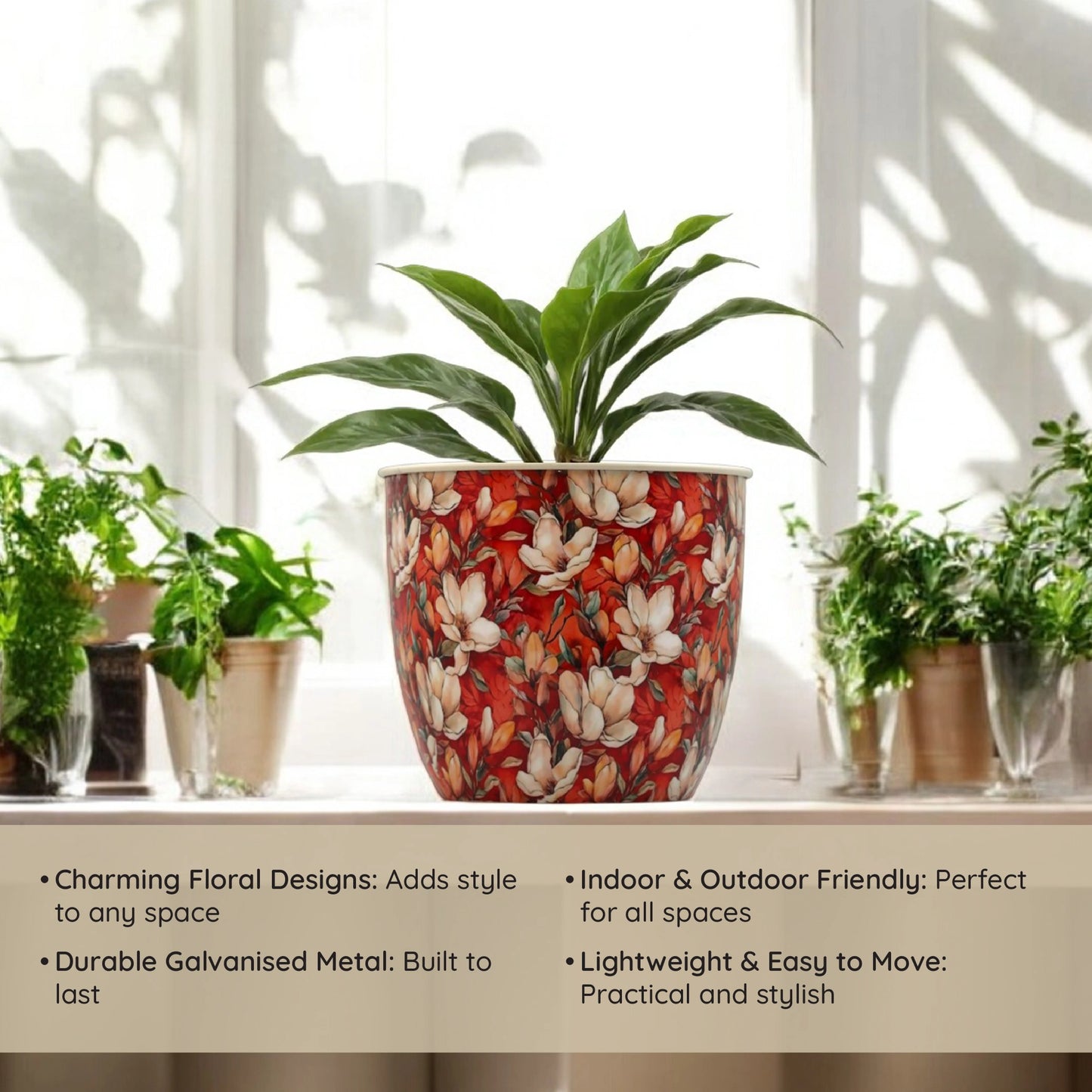 Red & White Flower Print Floral Galvanised Metal Planter