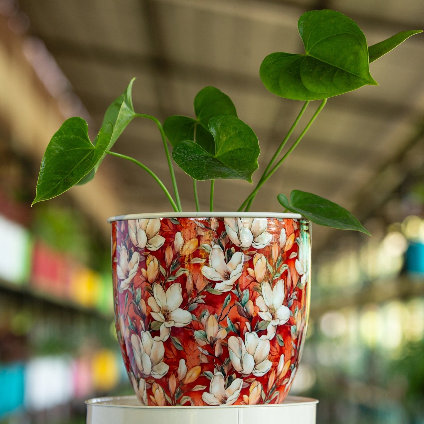 Red & White Flower Print Floral Galvanised Metal Planter