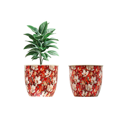 Red & White Flower Print Floral Galvanised Metal Planter