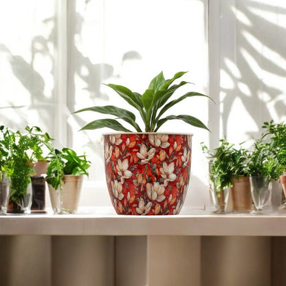 Red & White Flower Print Floral Galvanised Metal Planter
