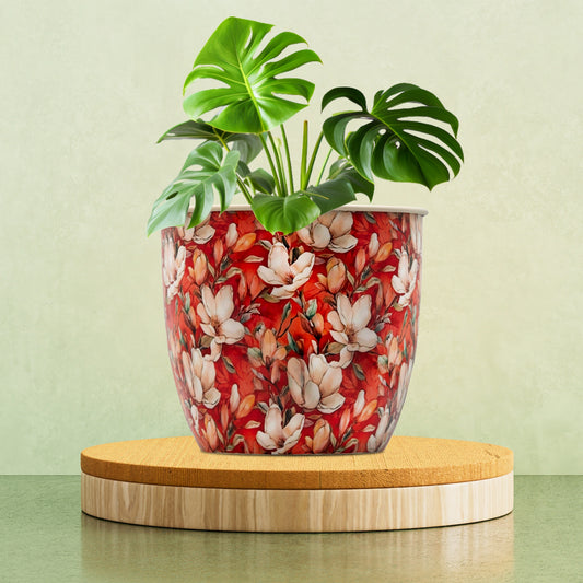 Red & White Flower Print Floral Galvanised Metal Planter